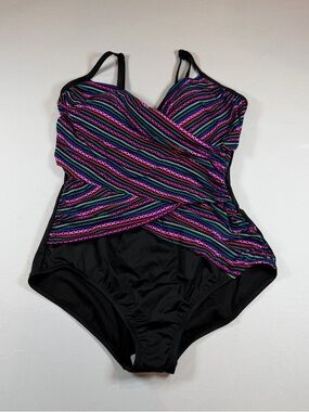 Classic Black One-Piece Swimsuit with Pink & Teal Stripe Wrap 1XL (16W-18W) NWOT